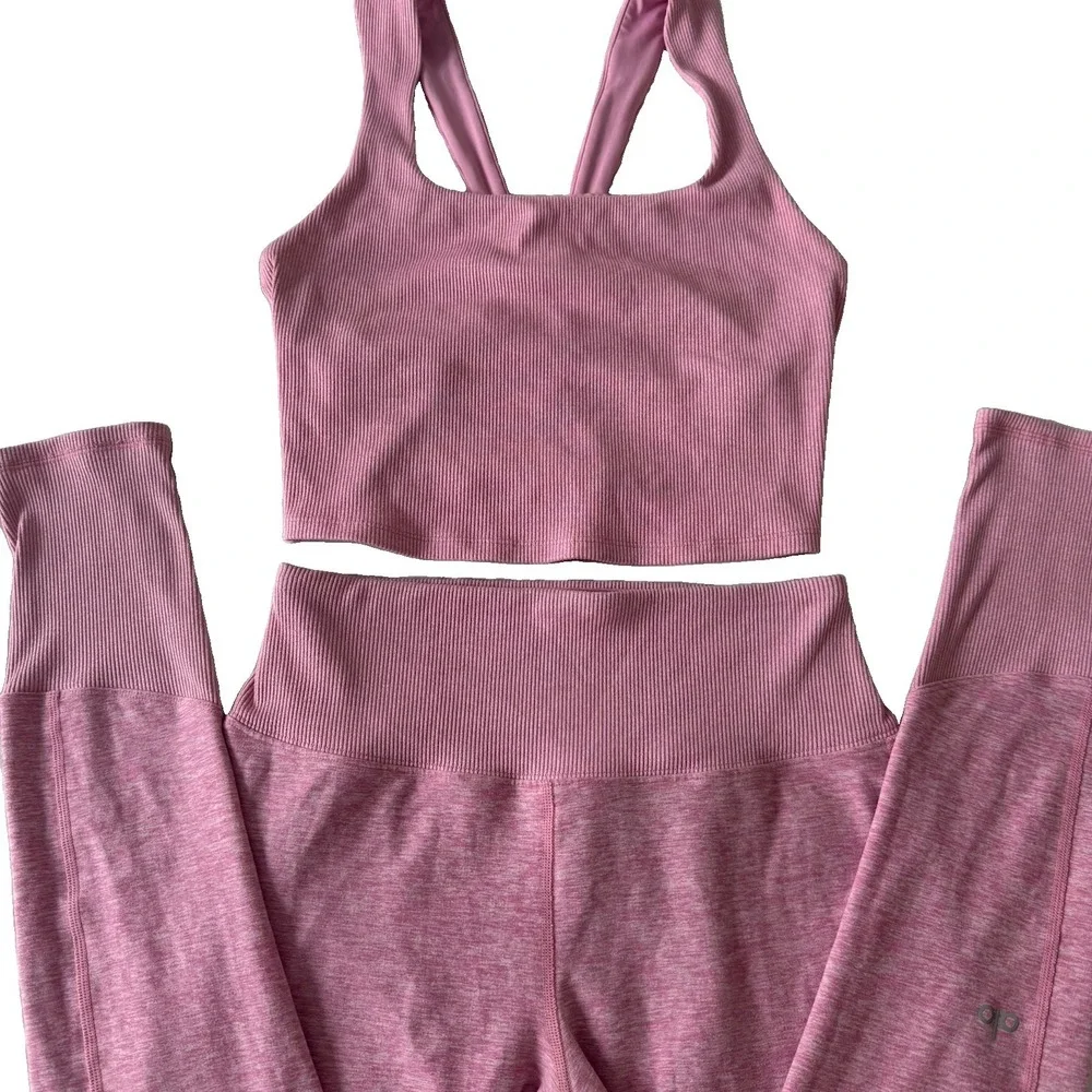 Alo Yoga Pink Matching Set Alosoft Lounge Leggings And Ribbed Tank Bra Sz M